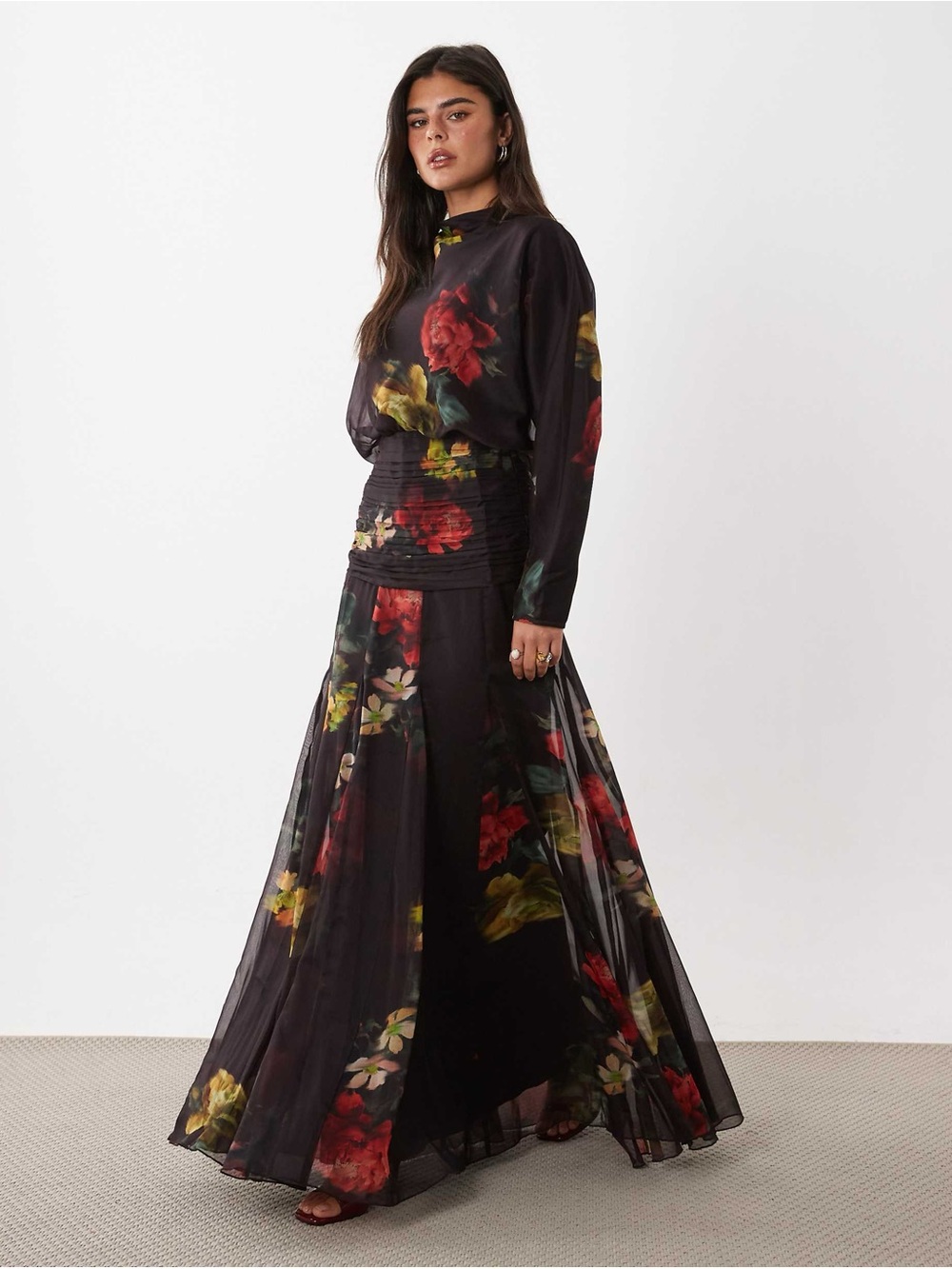 ASOS Design Black Floral High Neck Smocked Long Sleeve Maxi Dress NWT Size 14
